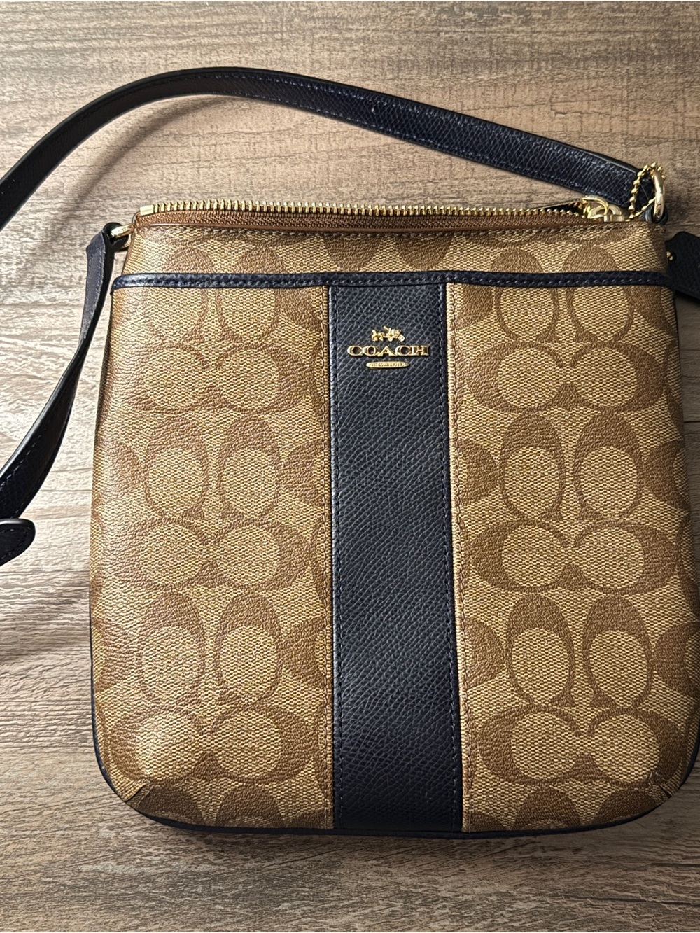 Coach Tan Signature Crossbody with Black Center Stripe